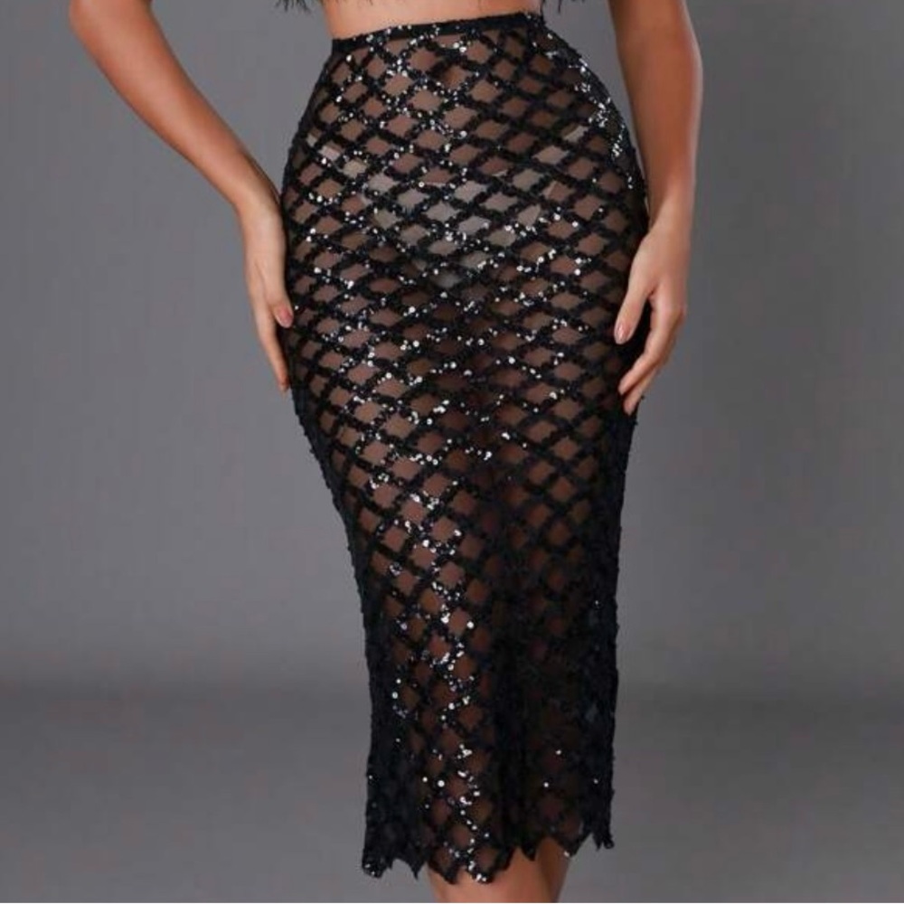Black Sequin Sheer Mesh Diamond Pencil Midi Skirt XS
